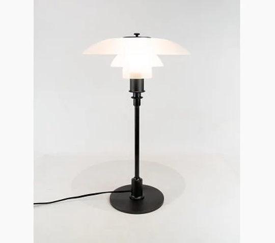 Ph 3/2 Table Lamp With Black Stem & Matt Glass Shades, Designed By Poul Henningsen Manufactured Louis Poulsen