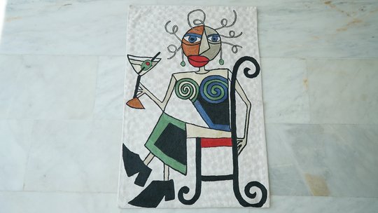 Silk Picasso Wall Hanging, Modern Handmade Tapestry, Woven Decor, Minimalist Beige Small Size Art, Table Cloth Rectangle