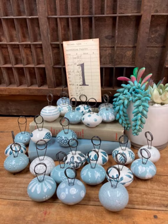 Table Number Holders 5 Set Of Five Vintage Wedding Gray & White Ceramic Photo Or Menu Mismatched Design