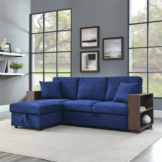 Blue Sectional Sofa with Pulled Out Bed Reversible Chaise with Storage