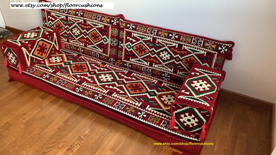 Red Arabic Style Majlis Floor Sofa Set, Seating Sofa, Bohemian Furniture, Living Room Sofa, Couch, Oriental Seating