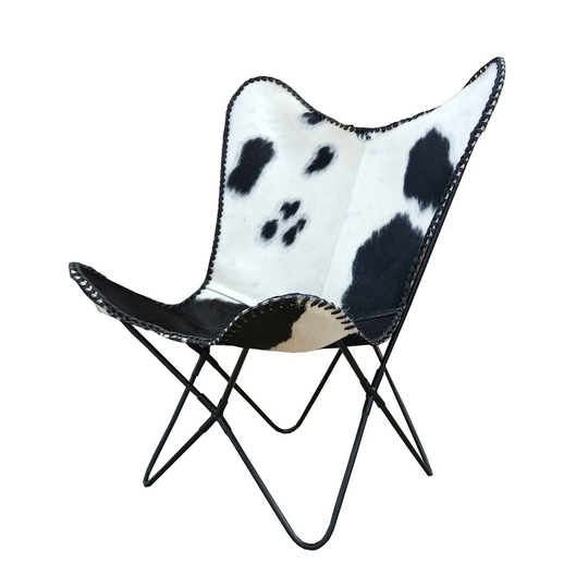 Butterfly Chair MILO in Visually Striking Black & White Cowhide