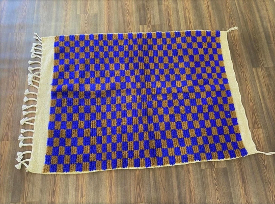 Moroccan Bedroom Checker Sofa Rug, Beni Ourain Handmade Natural Fibers Home Carpet, Boujaad Oriental Luxurious Office Room Blue Grey Runner