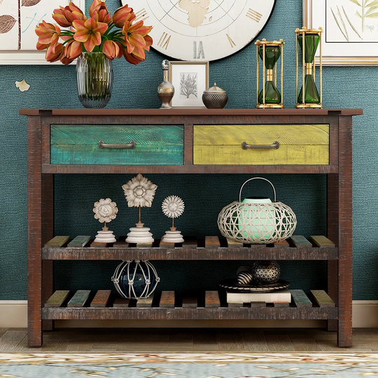 Console Table Sofa Table with 2 Drawers and 2 Tiers Shelves