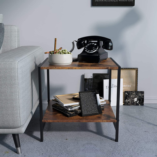 Industrial End Table, 2-Tier Square Wooden Side Table Night Stand