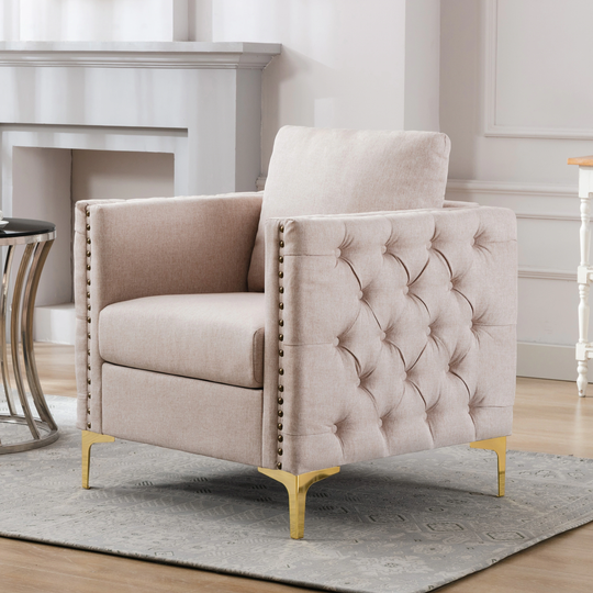 Velvet Armchair, Accent Chairs with Steel Legs, Comfy Tufted Club Chair for Living Room