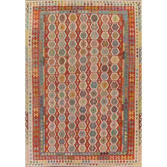 Geometric Multi-Color Kilim Rug Flat-weave Wool Carpet - 10'4"x 13'0"
