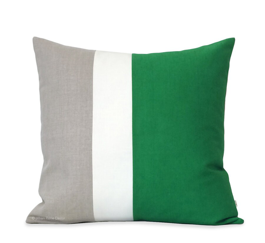 Emerald Green Color Block Pillow With Cream & Natural Linen Stripes By Jillianrenedecor | 20x20 Kelly | Modern Home Decor Gift