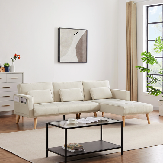 Linen Upholstery Sofas Convertible Sofa Bed and Right Side Lounger with Organizer Ivory