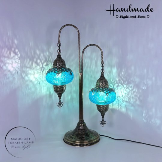 Colorful Moroccan 2 Globes Table Lamp, Glass Desk Turkish Bedside Lights, Lamp