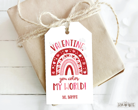 You Color My World Tags, Pink & Red Rainbow Valentine Tags . Personalized Valentine's Day 2 X 3.5 Inches Qty 10