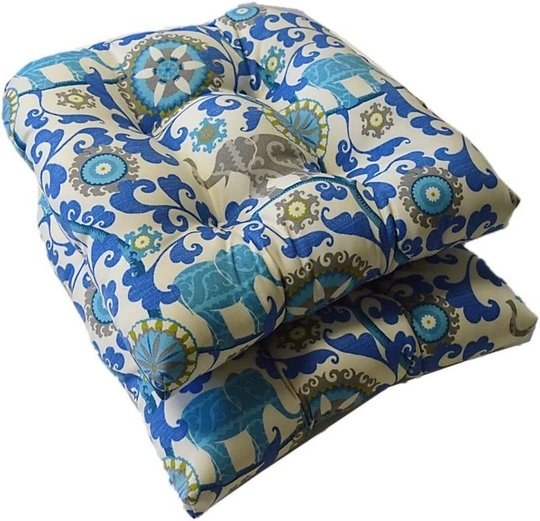 Set Of 2 Wicker Style U-Shape Chair Tufted Cushion ~ Blue Elephant Boho Print Choice Sizes