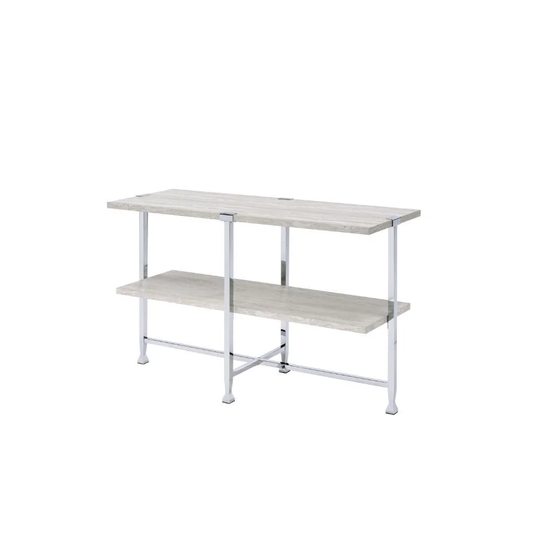 Coffee Table, White Oak &Chrome Sofa Table NO Storage Wooden Top, Metal Frame Leg with X-Shape Support Wooden Top