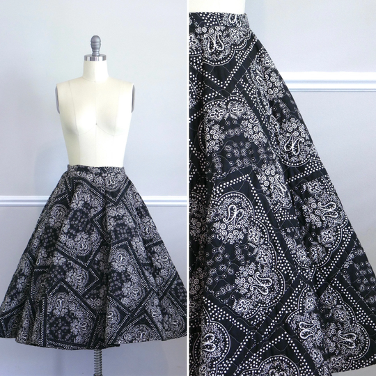 On Sale Vintage 1950S Hanky Print Quilted Circle Skirt/50S Navy Blue Fit & Flare Skirt Size S