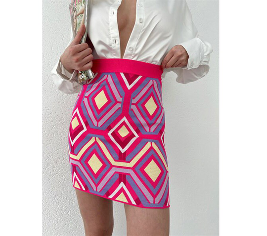 Patterned Pencil Skirt, Knitwear Mini Skirt, Fuchsia Mini Elegant Skirts