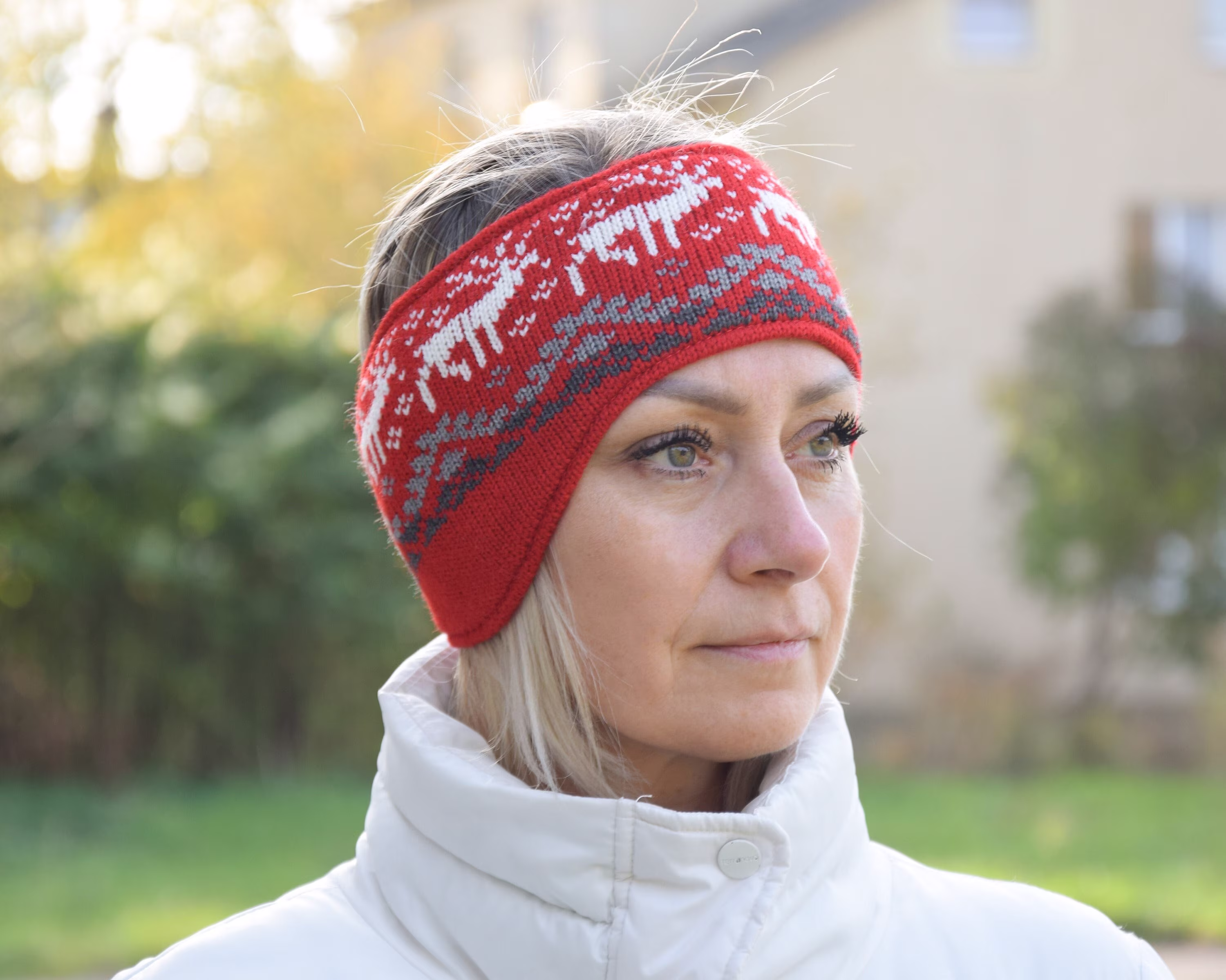 Men & Women Headband With Ears Nordic Woolen Head Bandage Fair Isle Icelandic Pattern Red Jacquard Ear Warmer Reindeer Woollana