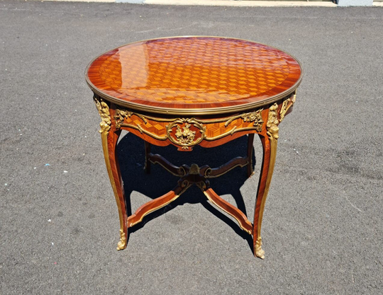 Fine French Marquetry Accent Round Table With Gilt Bronze Mounts, Louis Xvi Style