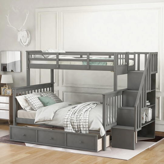 Stairway Twin-Over-Full Solid Pine Bunk Bed with Drawer, Storage and Guard Rail for Bedroom, Dorm, for Adults