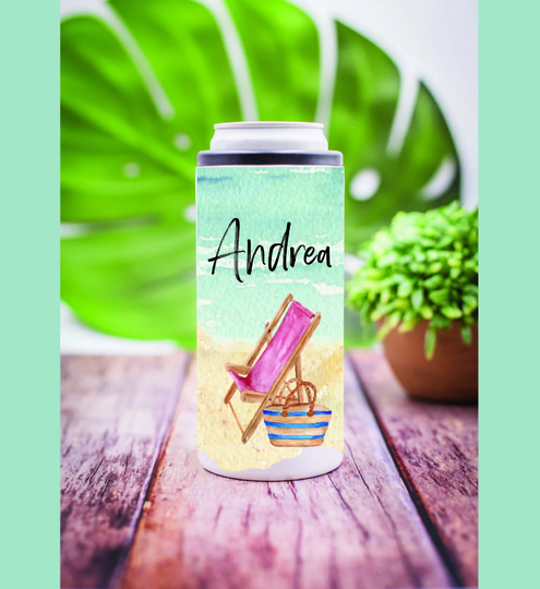 Beach Chair With Name Personalized Slim Can Cooler