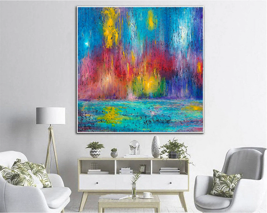 Abstract Bright Colorful Acrylic Painting On Canvas. Original Modern Textured Artwork For Unique Home Decor