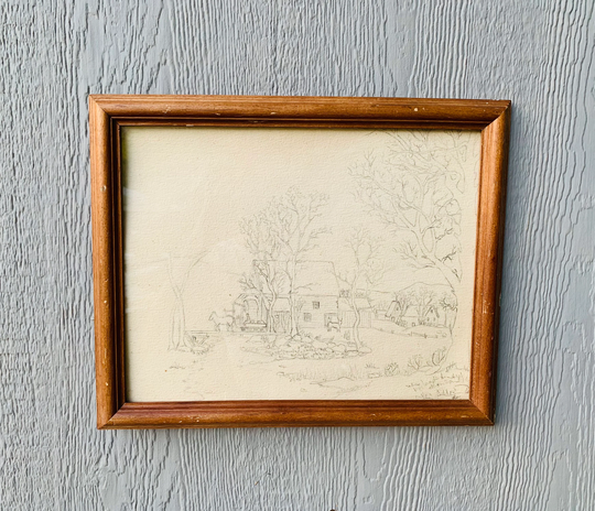 Vintage 1960's/70's Original Farmhouse Landscape Pencil Drawing. Drawings. Illustrations. Wall Art. Artwork. Hangings. Retro