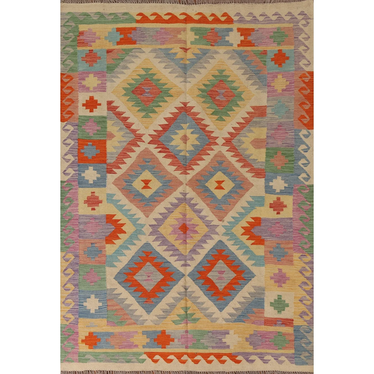 Geometric Multi-Color Kilim Reversible Rug Flat-weave Wool Carpet - 4'10" x 6'8"