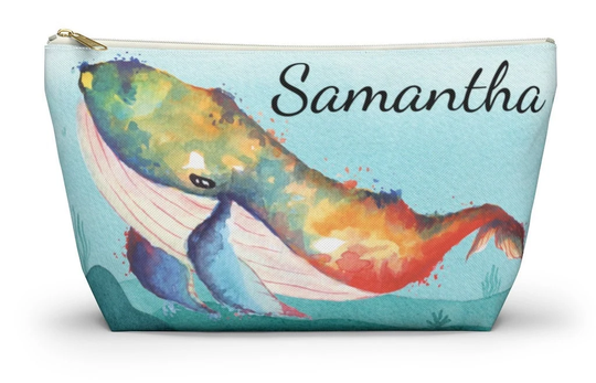 Personalized Accessory Pouch Watercolor Whale Art Custom Name Gift Ocean Theme Whales Pencil Cases School Supplies Cosmetic Travel Bag