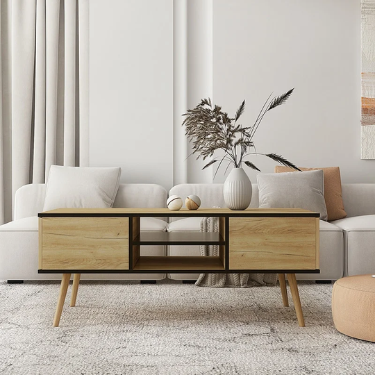 Modern Coffee Table with Drawers and Wooden Legs, Side Table Cocktain Table for Living Room