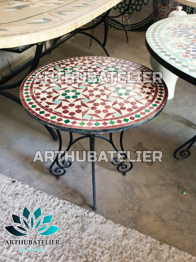 Mosaic Round Table Red & Green For Outdoor-Indoor, Coffee 100% Handcrafted