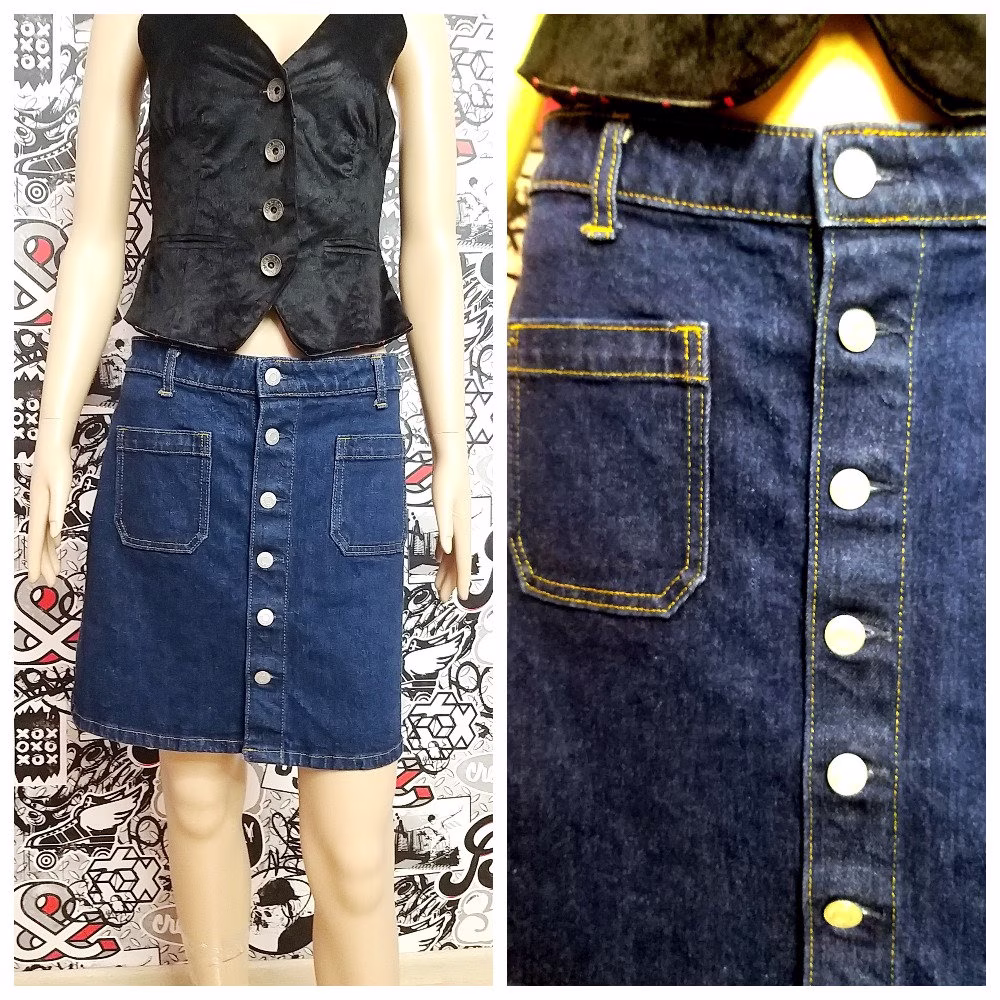 Button Up Skirt Denim L Womens Mini Blue Vintage Pocket Pencil Skirt Jeans