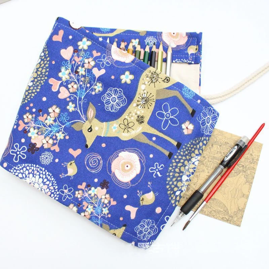 48 Slots Canvas Elk Roll Up Pencil Case | Pen Storage Pouch Painting Brush Holder Craft Too Bag Wonderful Birthday Gift