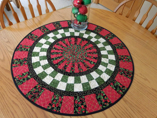 Quilted Table Runner, Christmas Holly & Berries, Red Black Gold Accent, Handmade in Usa, Farmhouse Cottagecore