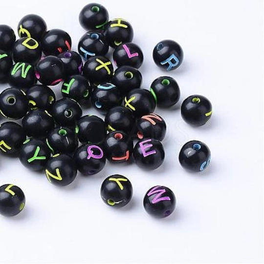 Black Round Ball Alphabet Black Color Letter Beads Acrylic 8mm Initial Pick Your Bulk Letters Or All
