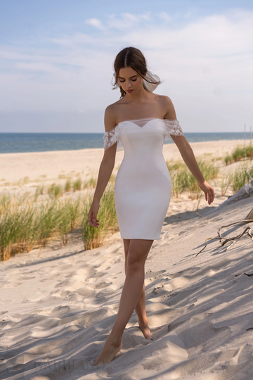 Minimalist Simple Short Pencil Skirt Aline Over Dress Sweetheart Neckline Off White Wedding Bridal Gown Crepe Lace