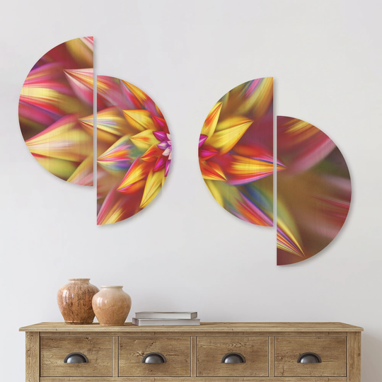 Designart 'Large Multi Color Alien Fractal Flower' Floral Wood Wall Art Set of 4 Half Circles - Multi-Color