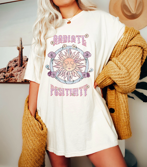 Radiate Positivity, Comfort Colors Shirt, Smile Retro Crew Neck, Super Comfy, Short Sleeve Oversized, Sunshine