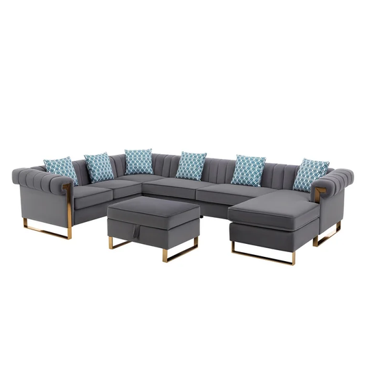 Maddie Velvet 7-Seater Sectional Sofa with Reversible Chaise and Storage Ottoman