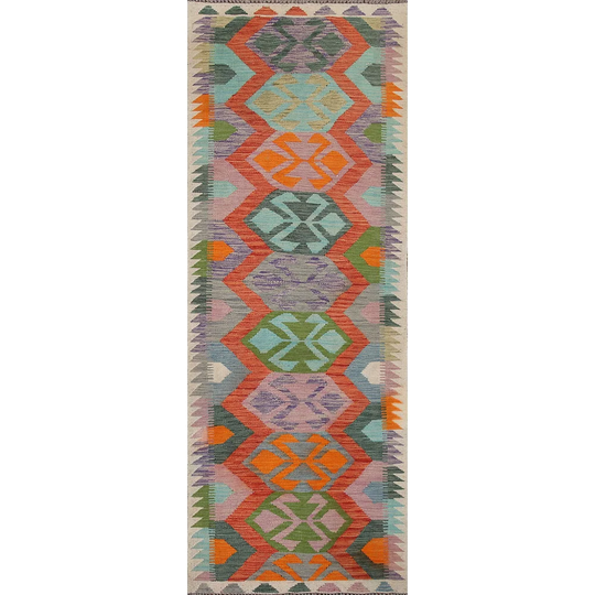 Reversible Multi-Color Kilim Runner Rug Hand-Woven Wool Carpet - 2'8"x8'2"