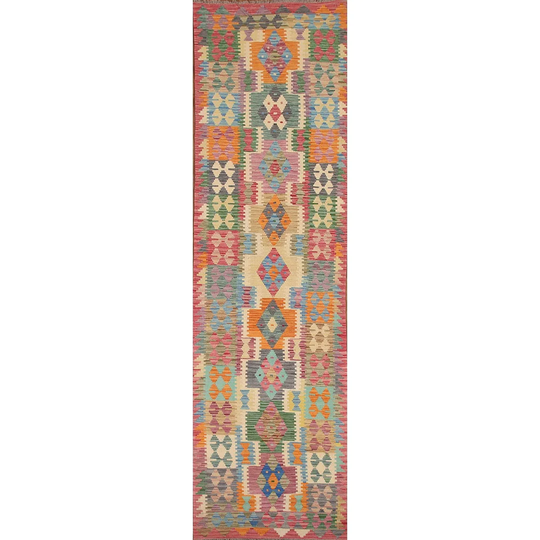 Multi-Color Geometric Kilim Runner Rug Flat-weave Oriental Wool Carpet - 2'8"x 12'8"