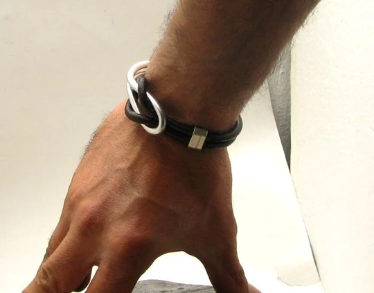 Valentines Day Gift For Him, Leather Bracelet, Marine Knot Mens Bracelet With Silver Plated Spacers & Metalwork Hook Clasp. Boyfriend