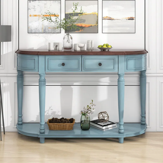 Retro Curved Console Table with Open Style Shelf and 2 Top Drawers, Half Moon Entry Table with Solid Wooden Frame and Legs
