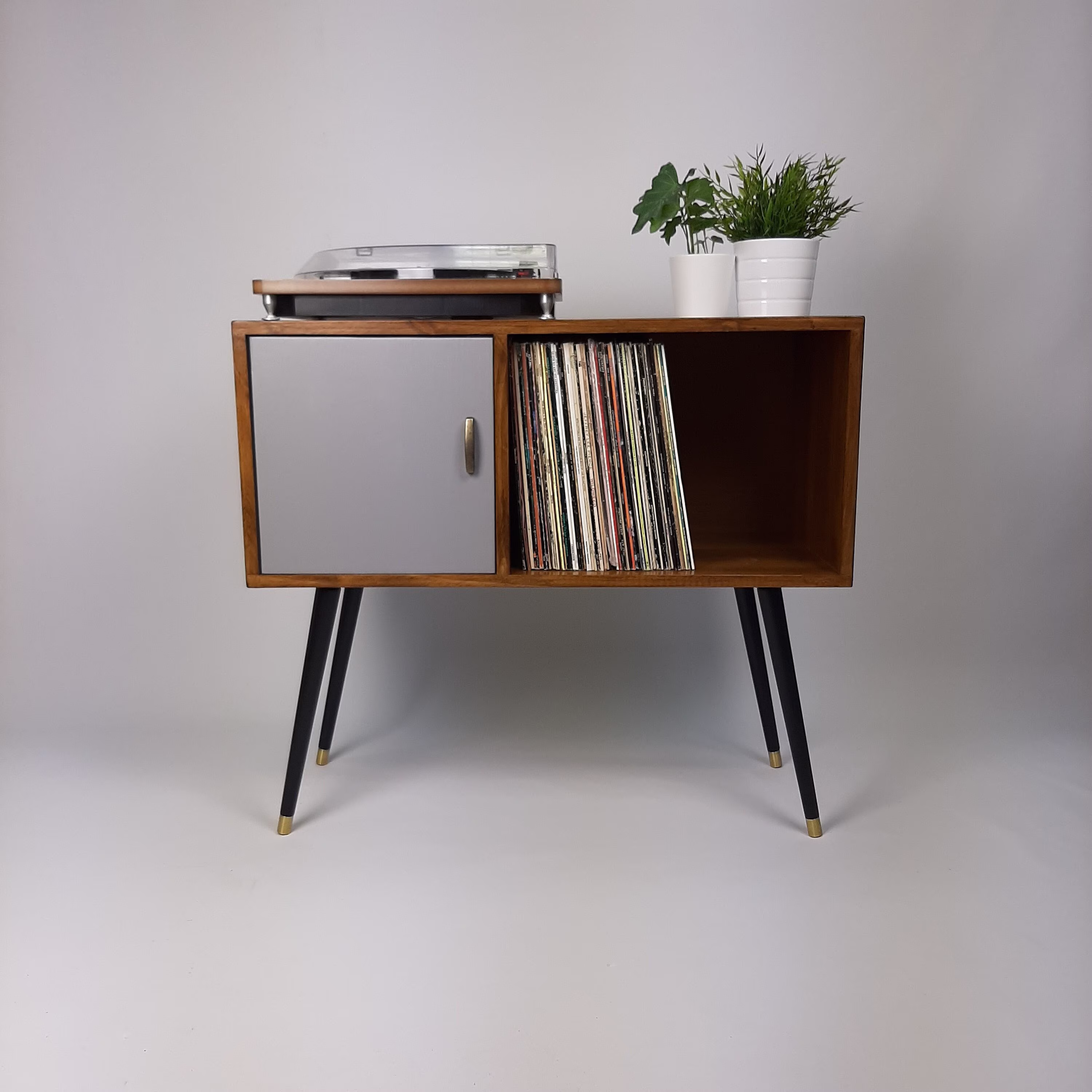 Walnut Sideboard With Grey Door, Brass Tipped Black Legs | Vinyl Record Storage Mid Century Modern Table Media Console