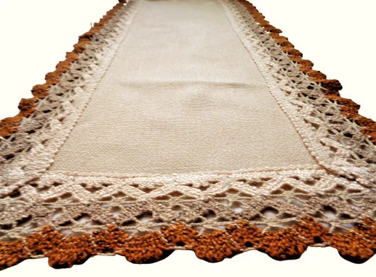 Vintage Table Runner, Crochet Trim Topper, Woven Swedish Linens