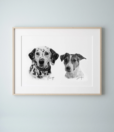 Two Dog Sketch Style Pet Portrait, Black & White Pencil Drawing, Personalised Sketch, Memorial, Wall Art, Skuscr-Pbsi-2Dg