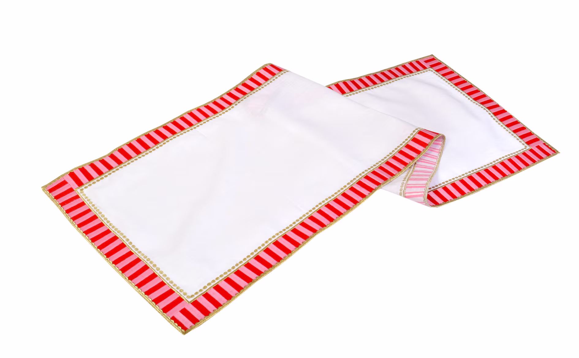 Pink Chekered White Table Runner - Linen Cloth Decorative Embroidered Decor 16 X 47 Inches Gold Color Cording
