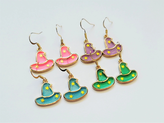 Witch Hat Earrings, Colorful Halloween Fun Glitter Earrings