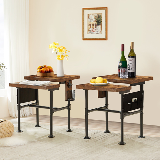 Set of 2 Snack End Table with Storage Fabric Bag and Bottle Opener, Wooden Sofa Side Table for Living Room