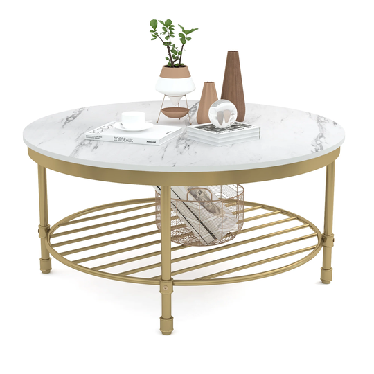Elephance Industrial Round Coffee Table with Storage Shelf 35" Rustic Cocktail Table