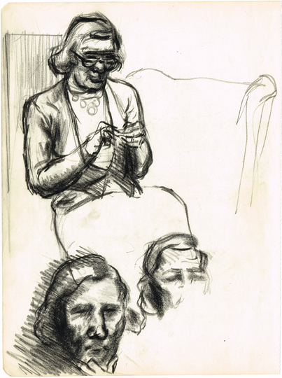 Antique Vintage Original 1950S, Pencil Sketch Picture Of Lady Knitting By Edmund Hartley, The Thanet Art School, Margate, Society 67