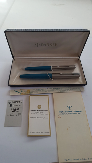Vintage Circa 1960's Parker 61 Classic Pen & Pencil Set Original Hard Case Paperwork, Turquoise Barrel, Could Be New